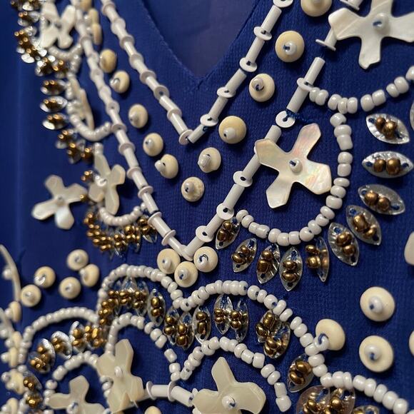 Chico’s Beaded Kaftan Top Coverup S/M | Sheer Blue Resortwear, Embellished Boho - Picture 3 of 8